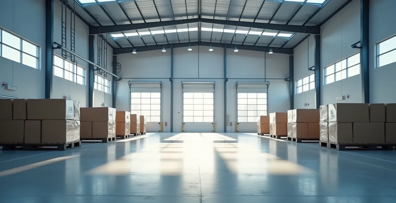 Architecture épurée d'entrepôt logistique moderne avec lignes géométriques et espace négatif dominant