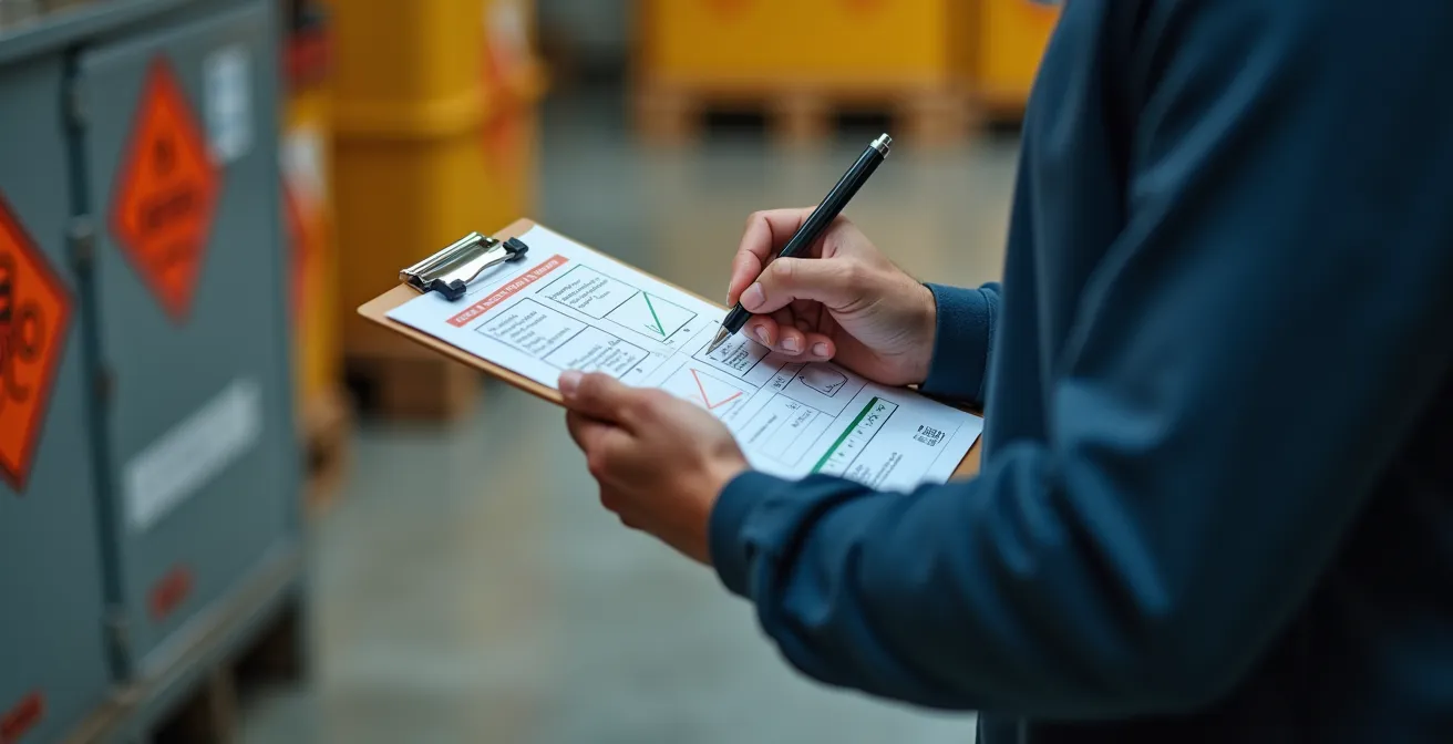 Responsable logistique vérifiant l'étiquetage d'un colis dangereux avec une checklist