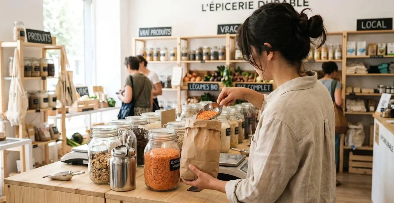 Mains d'une personne de profil réutilisant un sac en papier kraft pour transporter des produits en vrac dans une boutique zéro déchet lumineuse