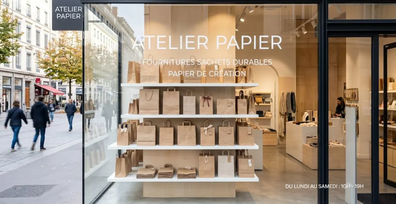 Plusieurs sacs en papier kraft de grammages différents exposés dans une vitrine de boutique moderne au design épuré avec lumière naturelle