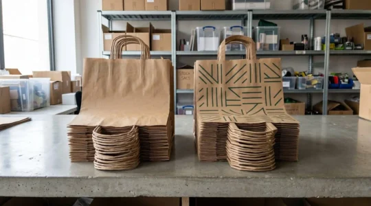 Plusieurs sacs en papier kraft de grammages différents exposés dans une vitrine de boutique moderne au design épuré avec lumière naturelle