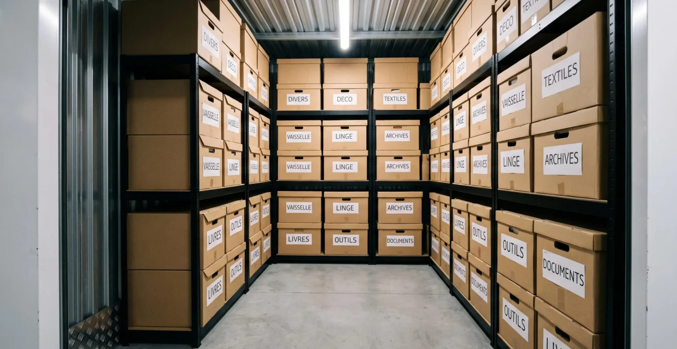 Intérieur d'un box de self-stockage de 10m² parfaitement organisé avec étagères métalliques chargées de cartons étiquetés empilés du sol au plafond et couloir central d'accès dégagé