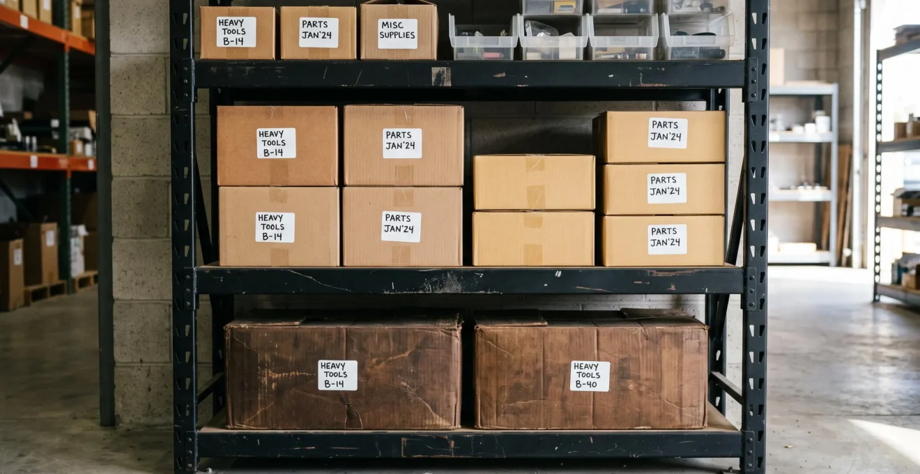 Section d'étagère métallique à 4 niveaux dans un box de stockage montrant l'empilement stratifié : cartons volumineux lourds en bas, moyens au milieu, légers et petits en hauteur