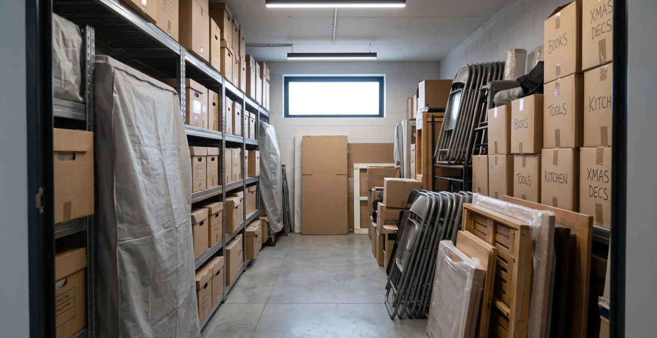 Vue en perspective du couloir central de circulation de 70cm de large dans un box de stockage, bordé de chaque côté par des zones denses de cartons sur étagères et meubles empilés